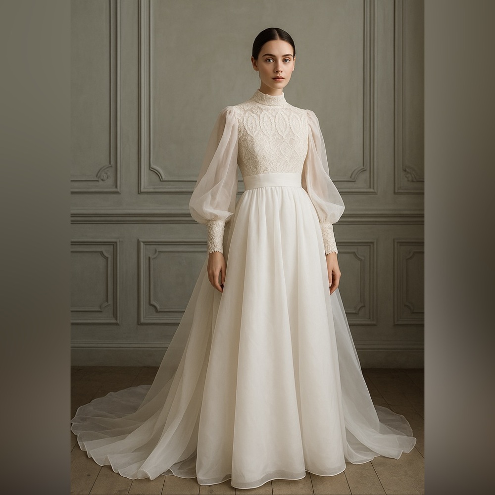 Vintage Emma Domb Bridal Gown White Lace Organza Puff Sleeve Wedding Dress S